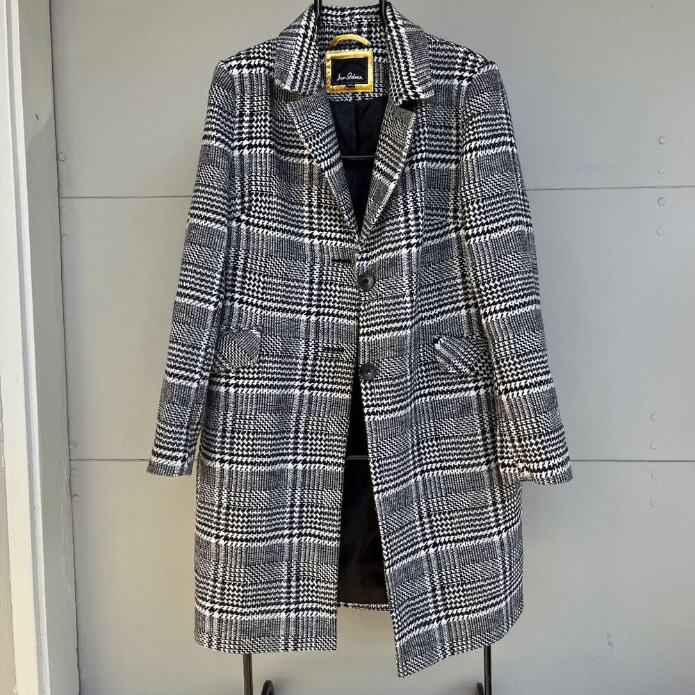 Sam Edelman XL Black/White Houndstooth Plaid Wool Longline Peacoat Coat